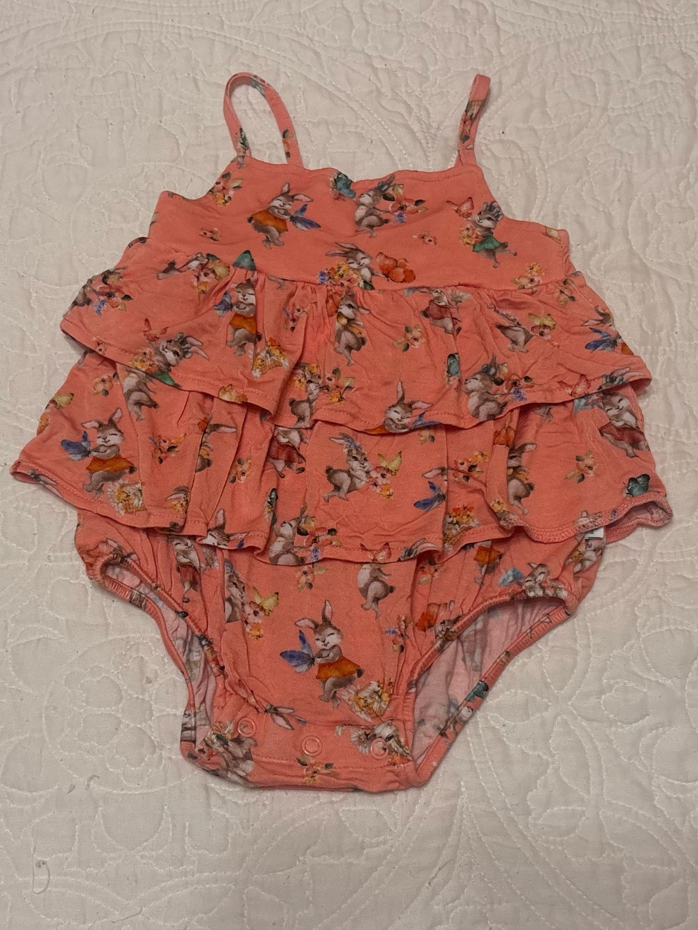 Posh Peanut Betty Bunny Ruffled Spaghetti Romper- Bamboo- Size 6-12 Months